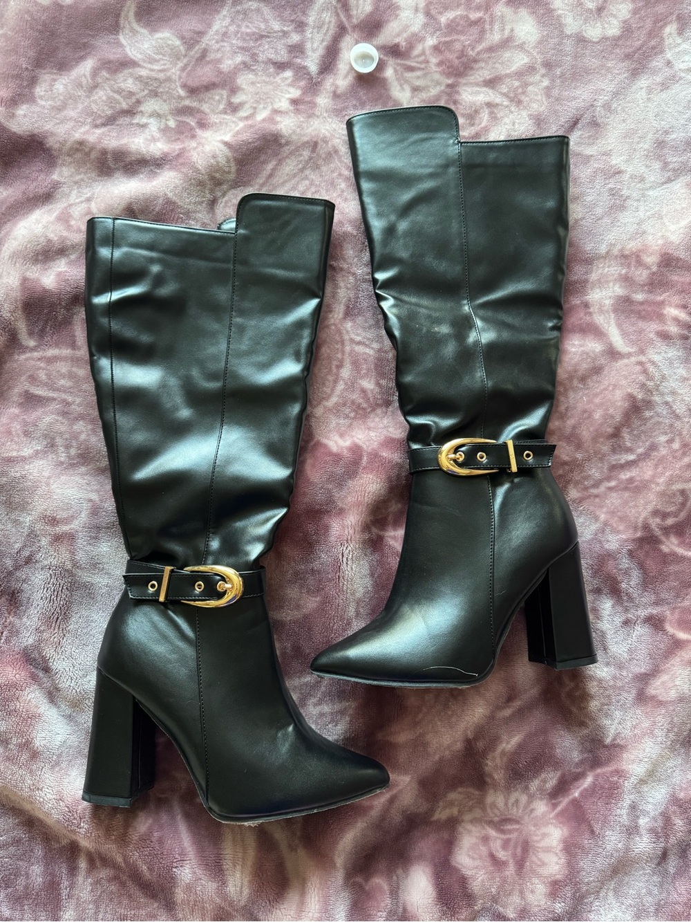 SHEIN Black Knee-High Block Heel Boots with Gold Buckle Accent